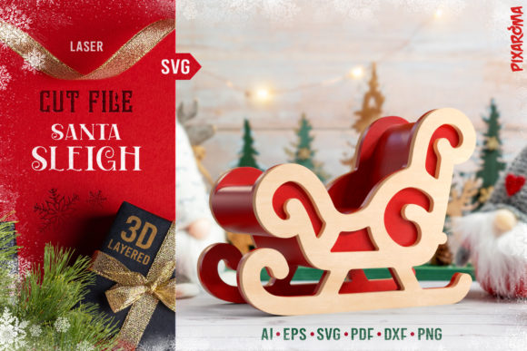 Santa Sleigh 3D Layered Laser Cut File for Winter Christmas